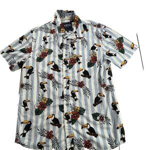 VSTR Hawaiian Shirt Mens Large Blue Button Up Flowers Hibiscus Toucans Luau